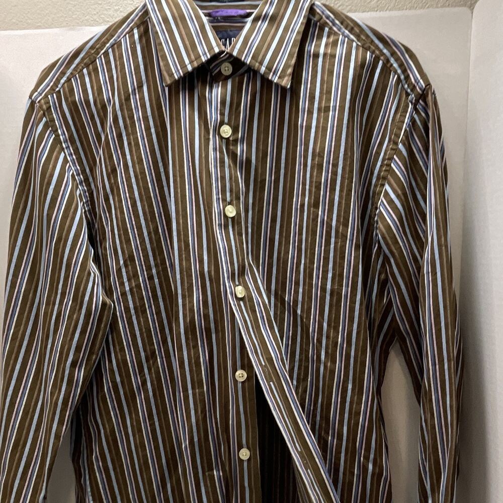 Men’s Premium Fitted Dress Shirt By “Gap” Brown With Blue Pins, Stripes (Medium)